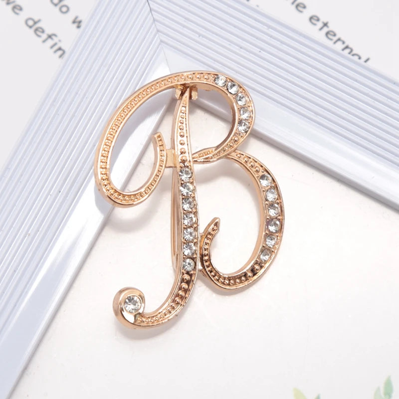 Women Luxury Letter Brooch Pins Gold Rhinestones Crystal English Qme B