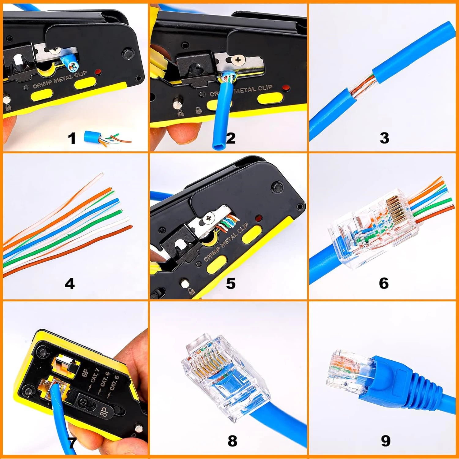 RJ45 Pass Through Crimp Tool, RJ45 Cat5 Cat6 Cat7 Crimping Tool, RJ11 Crimping Tool, Ethernet Network Cable Crimper Stripper Qme