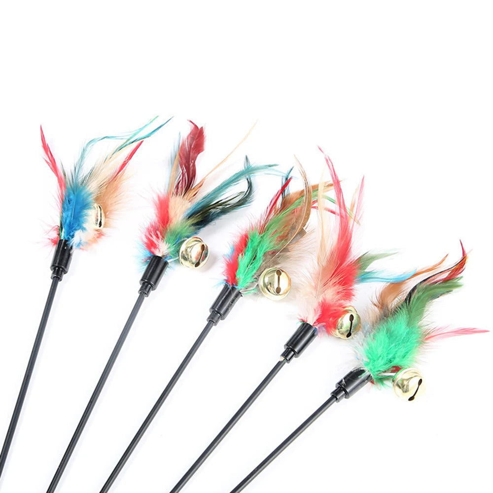 5pcs/set Cat Interactive Wand Colorful Feather Chicken Feather Cat Stick Bell Portable Creative Fashion Novelty Pet Cat Supplies Qme