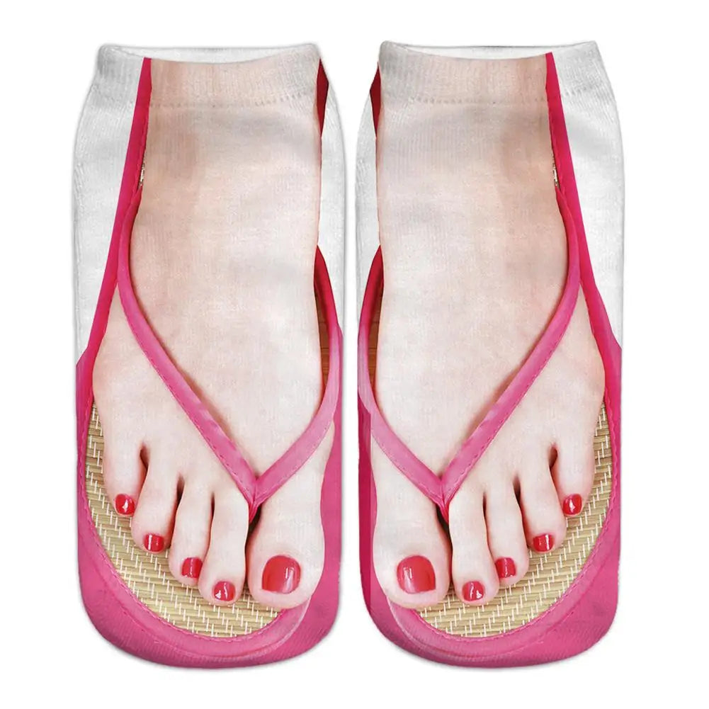 Fashion Canvas Flip Flop Shoes Cotton Socks 3D Printed Skeleton Summer Funny Kawaii Skull Foot Low Cut Ankle Socks For Women Sox Qme C One Size