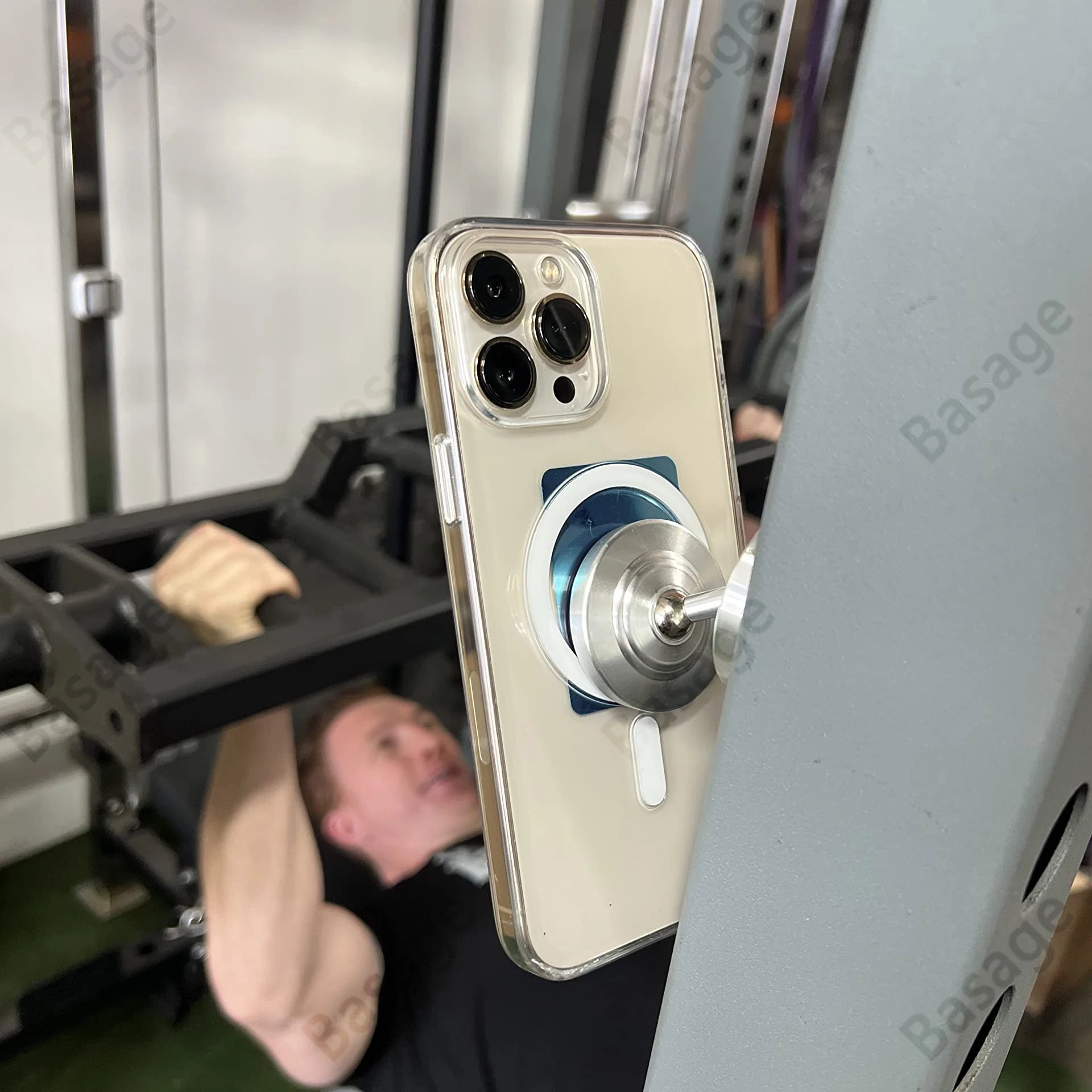 Dual Magnetic Gym Phone Holder for Working Out Videos-Double Sided Strong Magnet with 360 Degree Rotation - Fits Any Smart Phone Qme