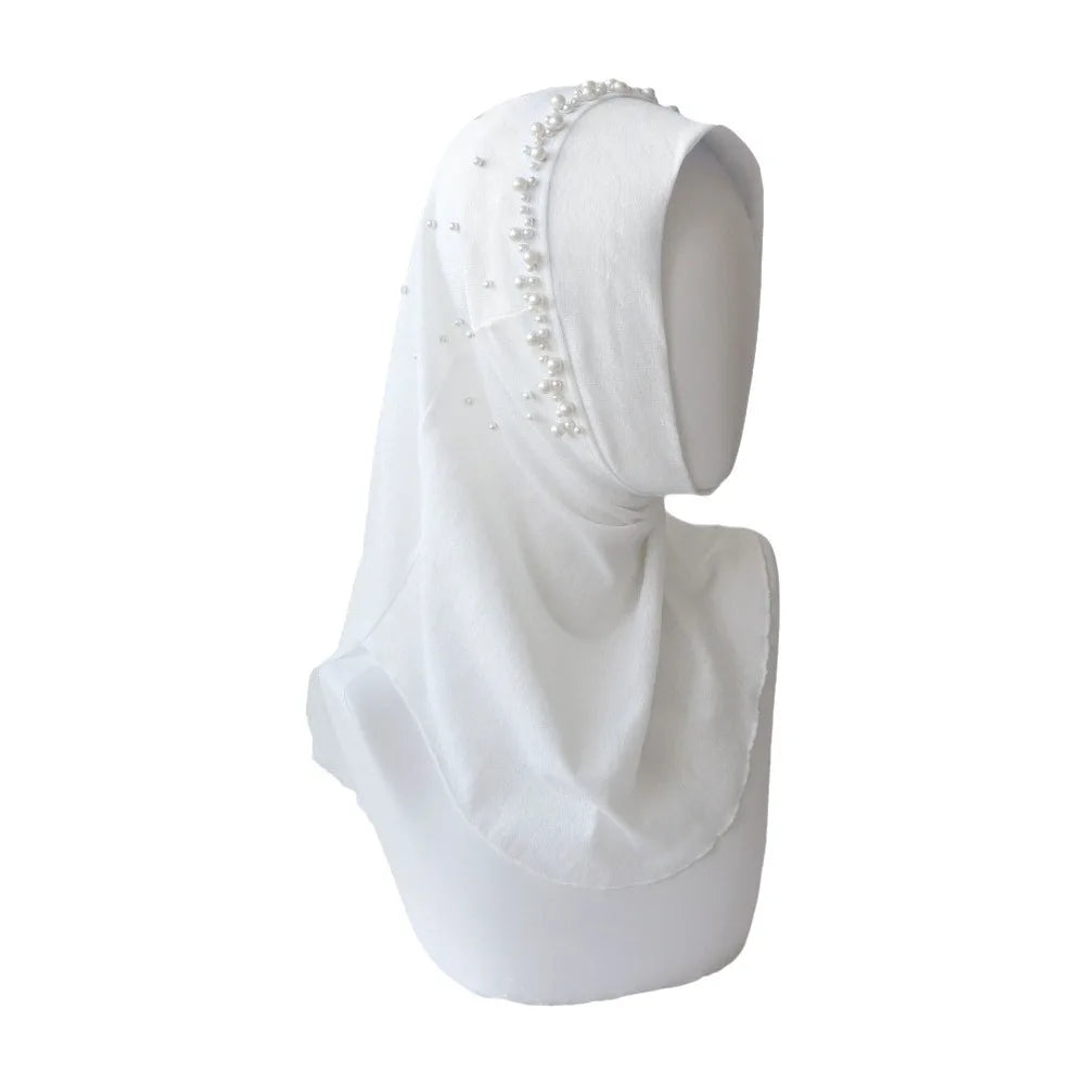 Cute Solid Color Beads Hijab Pull On Style Quick Drying Hijab Scarf Shawls Breathable Sun Protection Headscarf Summer Qme White