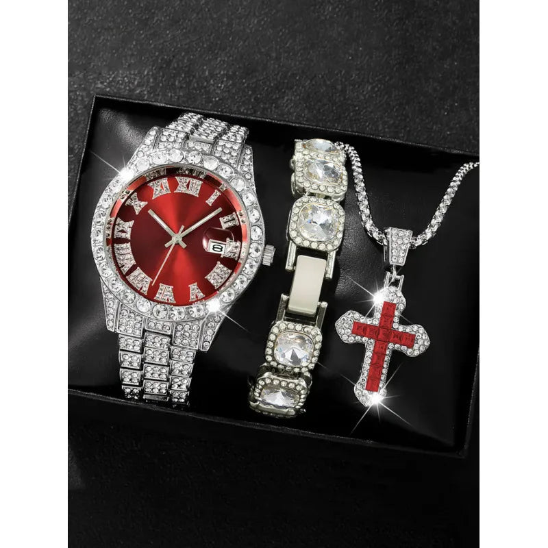 18 styles of hip-hop diamond studded quartz watches, sugar bracelets, cross necklaces, men's large dial set Qme orange