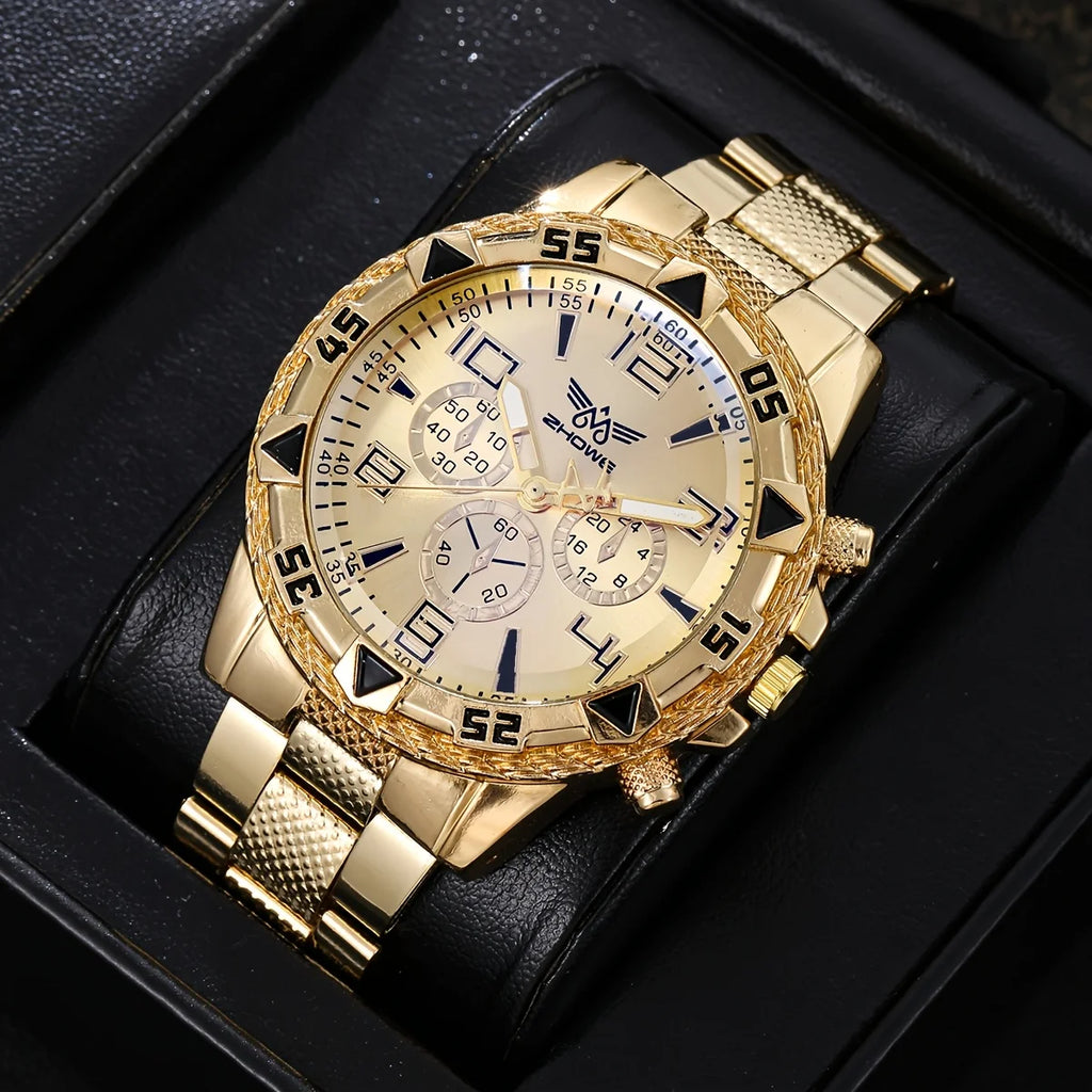 12PCS Men's Sporty Style Steel Belt Watch+Exquisite Ring, Necklace, and Bracelet Set for Christmas, Halloween, and Birthday Qme