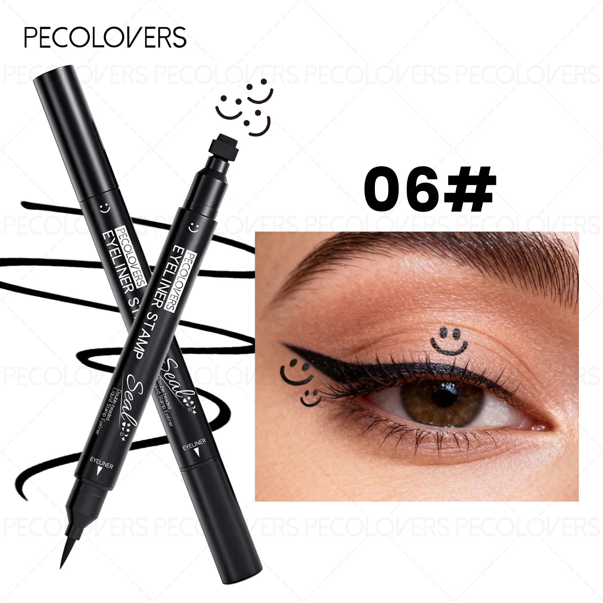 Dual-ended 2-in-1 Eyeliner Stamp, Smooth Black Liquid Eyeliner Pen, Cat Eye Smiley Moon Heart Stamp One-Swipe, Whimsical Makeup Qme 06