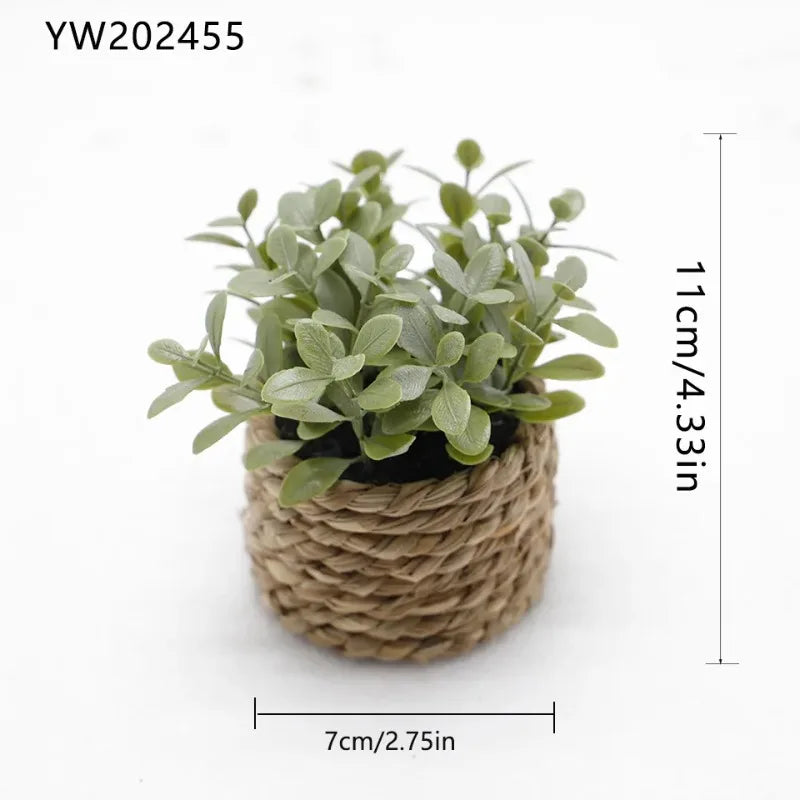 Mini PE Artificial Eucalyptus Plant Green Fake Potted Grass With Woven Pot Home Office Desktop Party Decor Holiday Gift Qme C 10-11cm