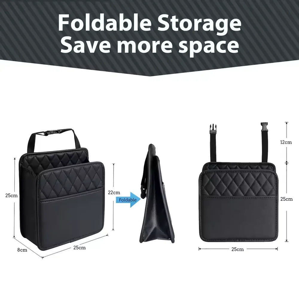 Leather Car Seat Back Storage Bag, Multi-Purpose Organizer with Garbage Can & Trash Bag Holder for Most Models Qme