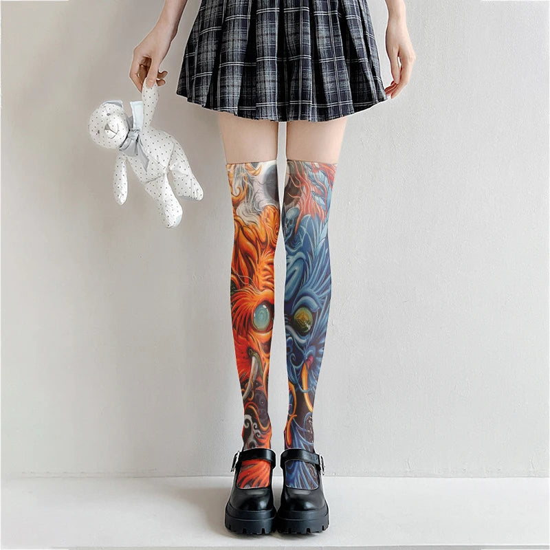 Women's Sexy Thigh-high Stockings Trend Tattoo Full Print Pattern 3D Qme