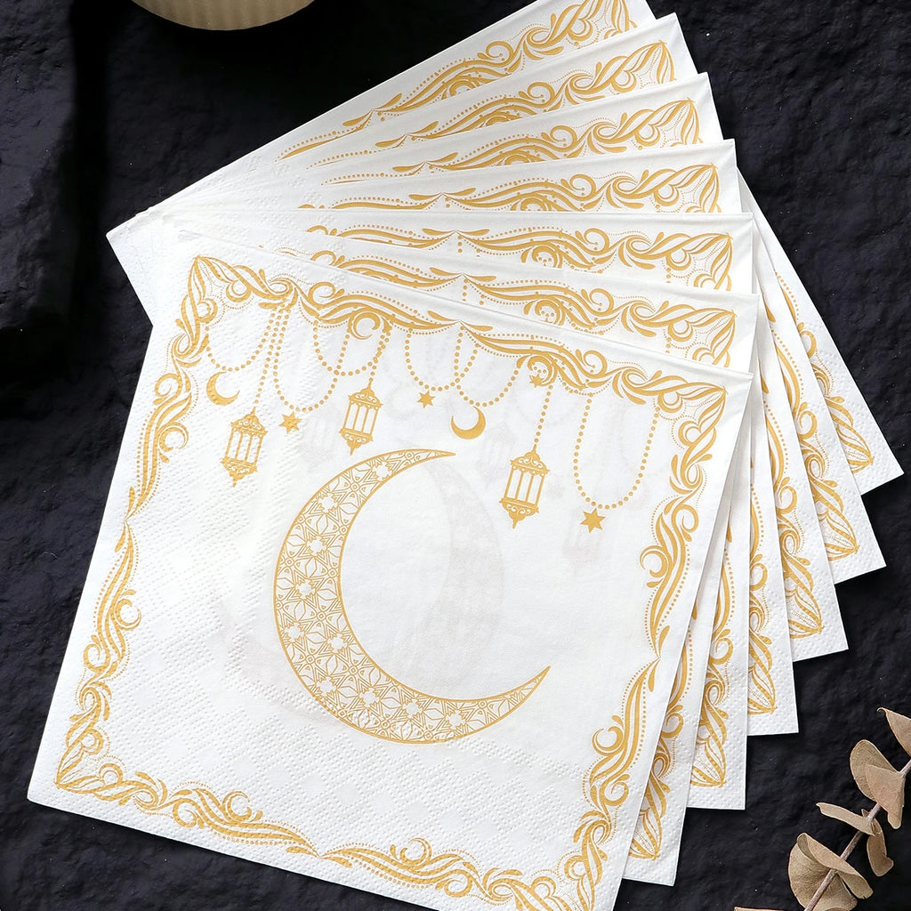20 Elegant Disposable Ramadan Party Napkins Featuring a Yellow Moon Lantern Design, Perfect for Eid Celebrations, Home, Kitchen Qme