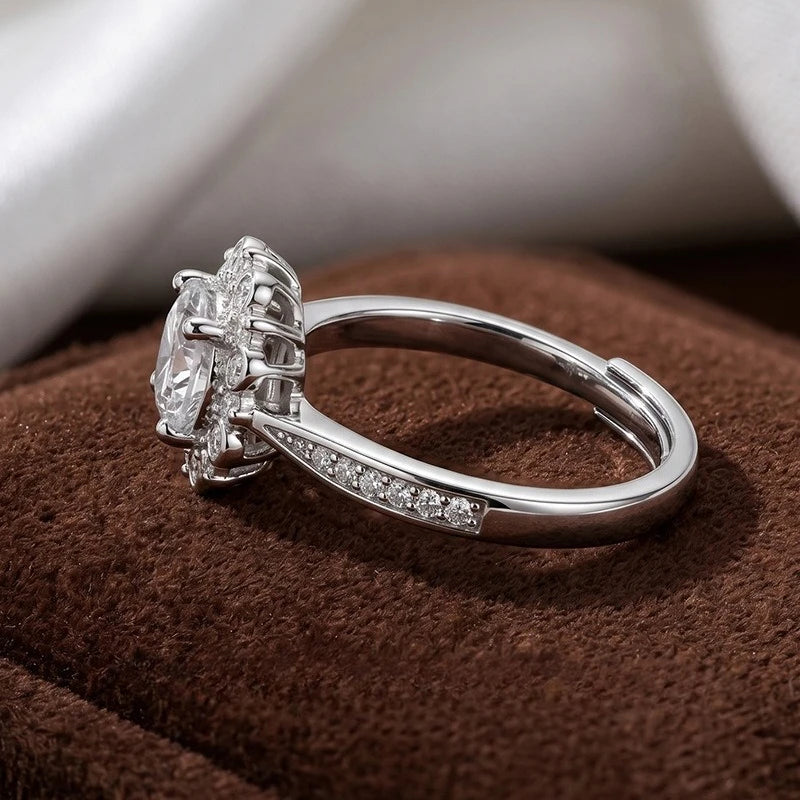 Sunflower Halo Cubic Zirconia Engagement Ring Adjustable Open Band Silver Tone Promise Wedding Band for Women Bridal Jewelry Qme