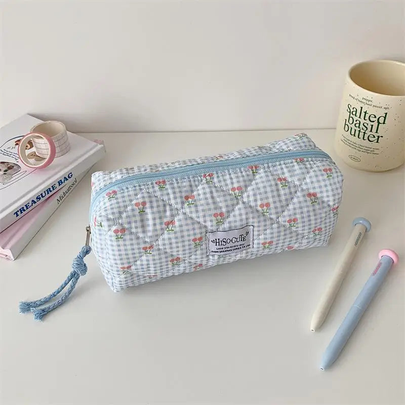 Cute Student Stationery Bag Ladies Cosmetic Bags Cherry Plaid Large Qme Blue