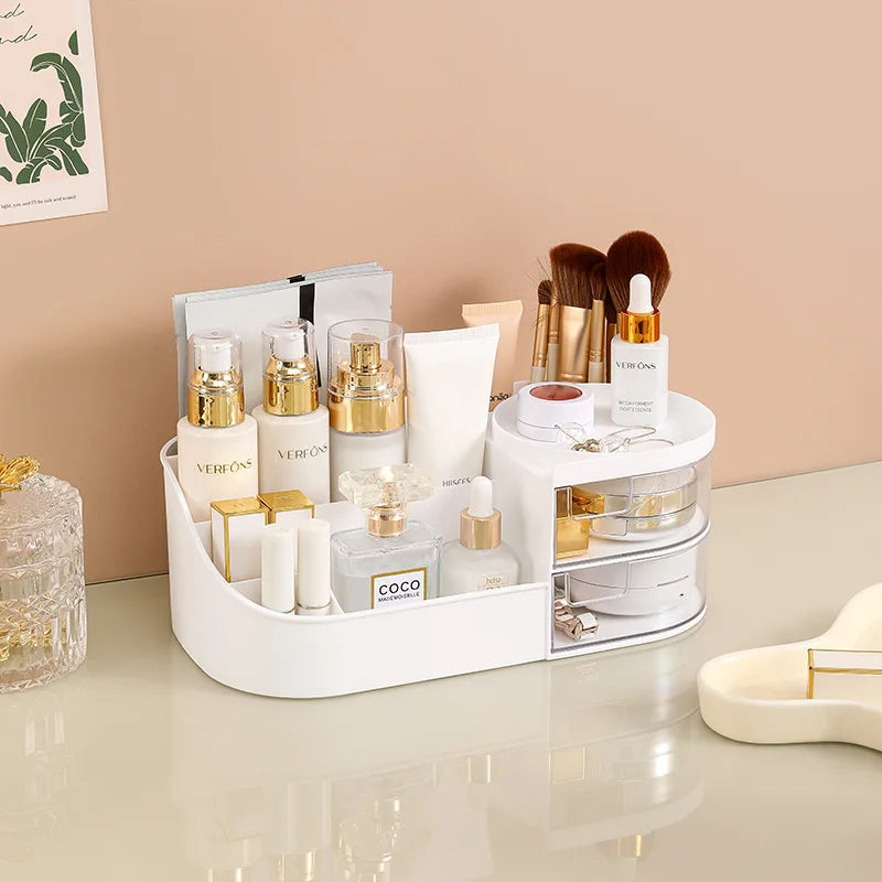 Makeup Storage Box With Mirror Desktop Dressing Table Makeup Mirror Cosmetics Jewelry Storage Box Touch Light Storage Organizer Qme MIvory Wht