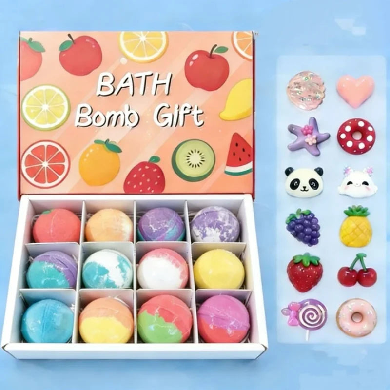 12pcs Kids Bath Bombs Set 60g Each with Surprise Toy Inside Natural Bubble Bath Fizzy Ball for Children Spa Bathtime Gift Qme fruits 60g