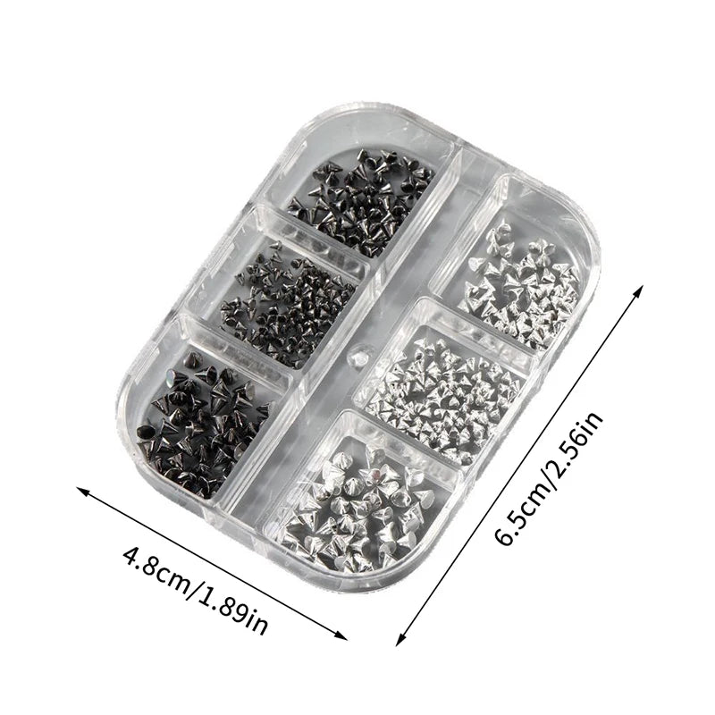 6 Grids Y2K Punk Metal Rivet Nail Charms Cone Mixed Sized Black Qme onesize