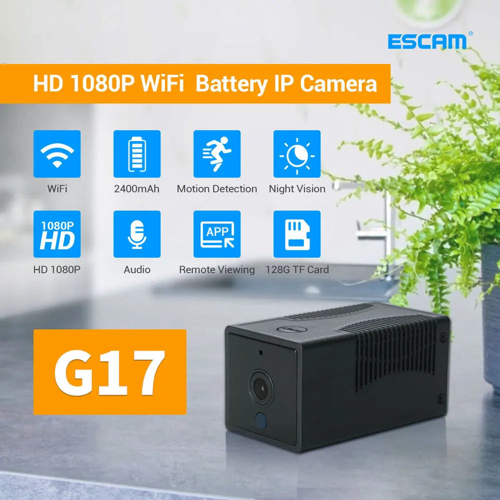 ESCAM G17 1080P Mini Wifi Camera Small Rechargeable Battery Powered Wireless CCTV Security Surveillance Camera Night Vision Cam Qme Standard ADD 32G UK Plug