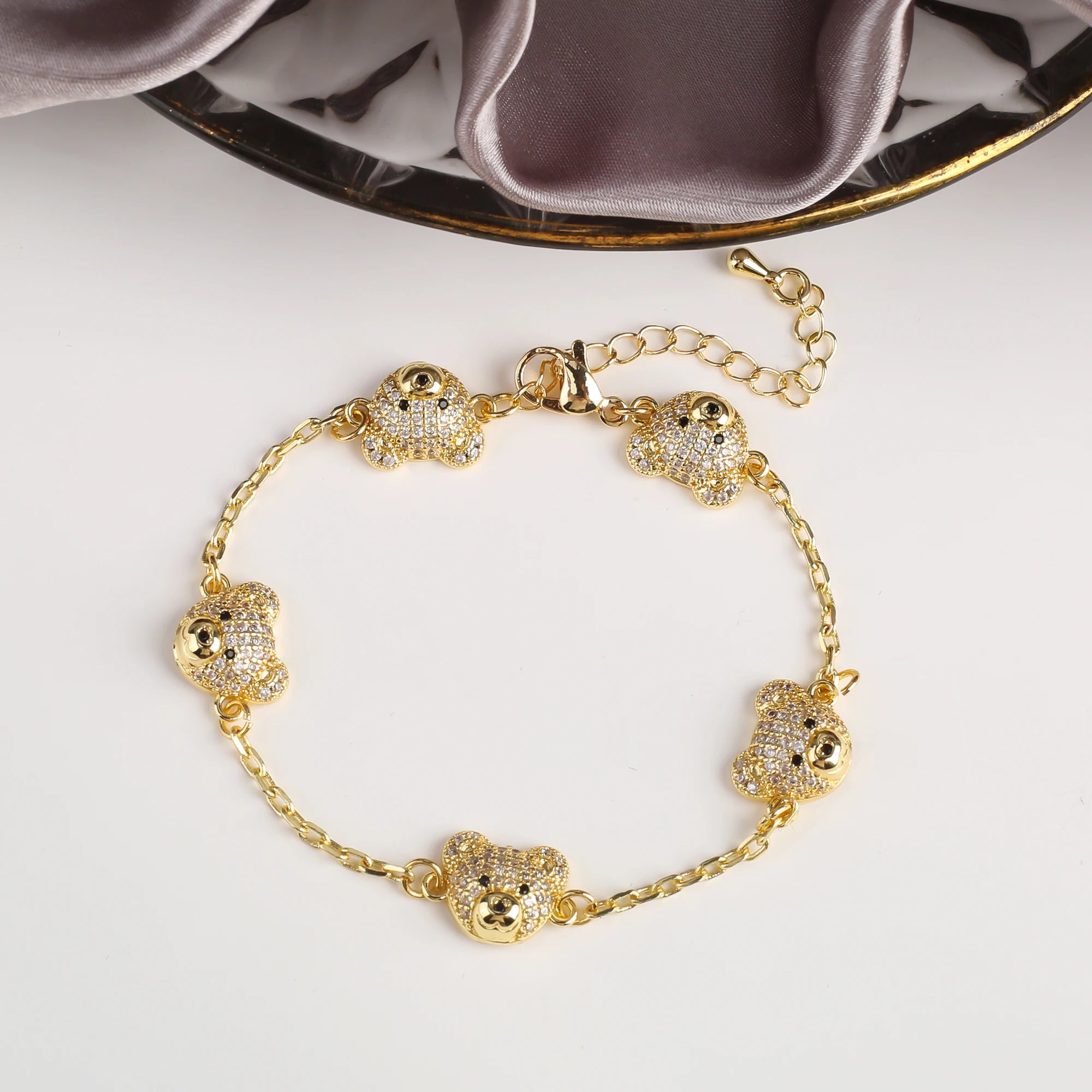 Classic Cubic Zirconia Cute Bear Gold Plated Adjustable Bracelet charm for Women Girls Party Wedding Jewelry Gift Wholesale Qme White