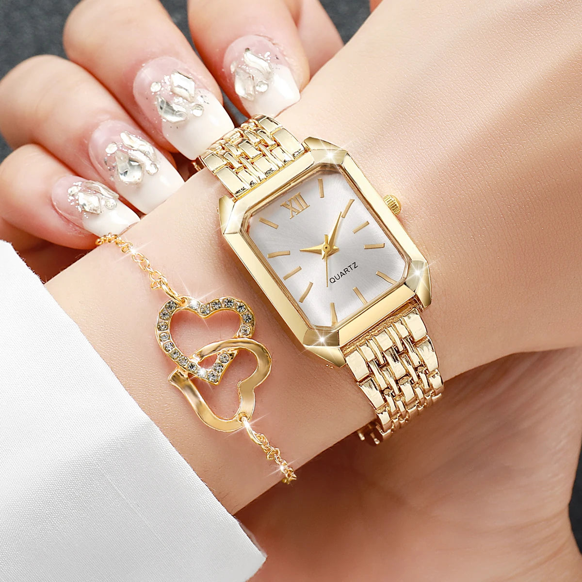 6PCS/Set Fashion Roma Dial Women Watches Ladies Rectangle Quartz Wristwatch Rhinestone Jewelry Set Reloj Mujer (Without Box) Qme