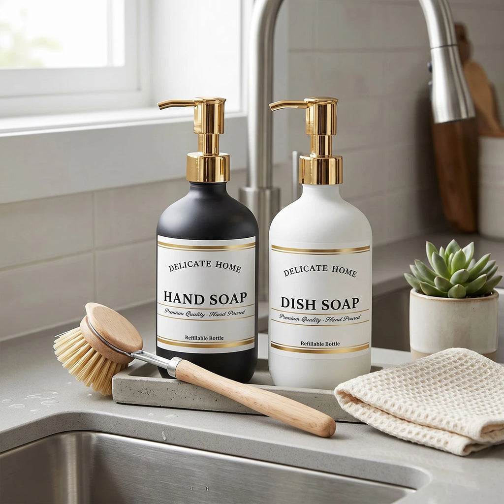Kitchen Soap Dispenser Set- Matte Black and White Plastic Hand & Dish Soap Dispensers-16oz Refillable Bottles with Gold Pumps Qme