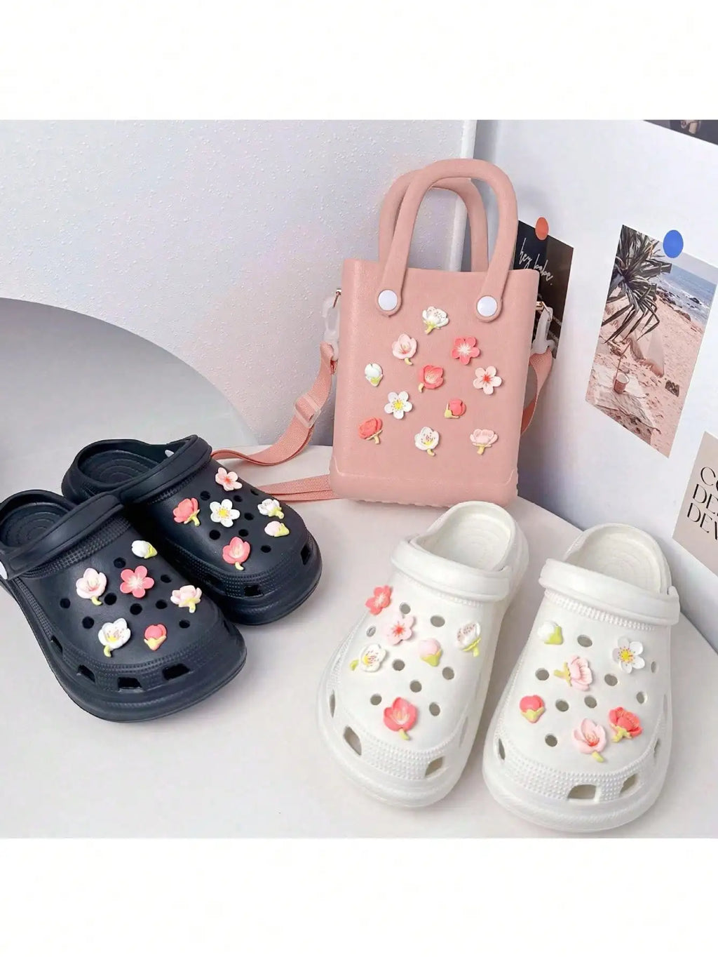 Fashion Pink Flower Cartoon Shoe Decoration Charms Detachable Plastic Qme