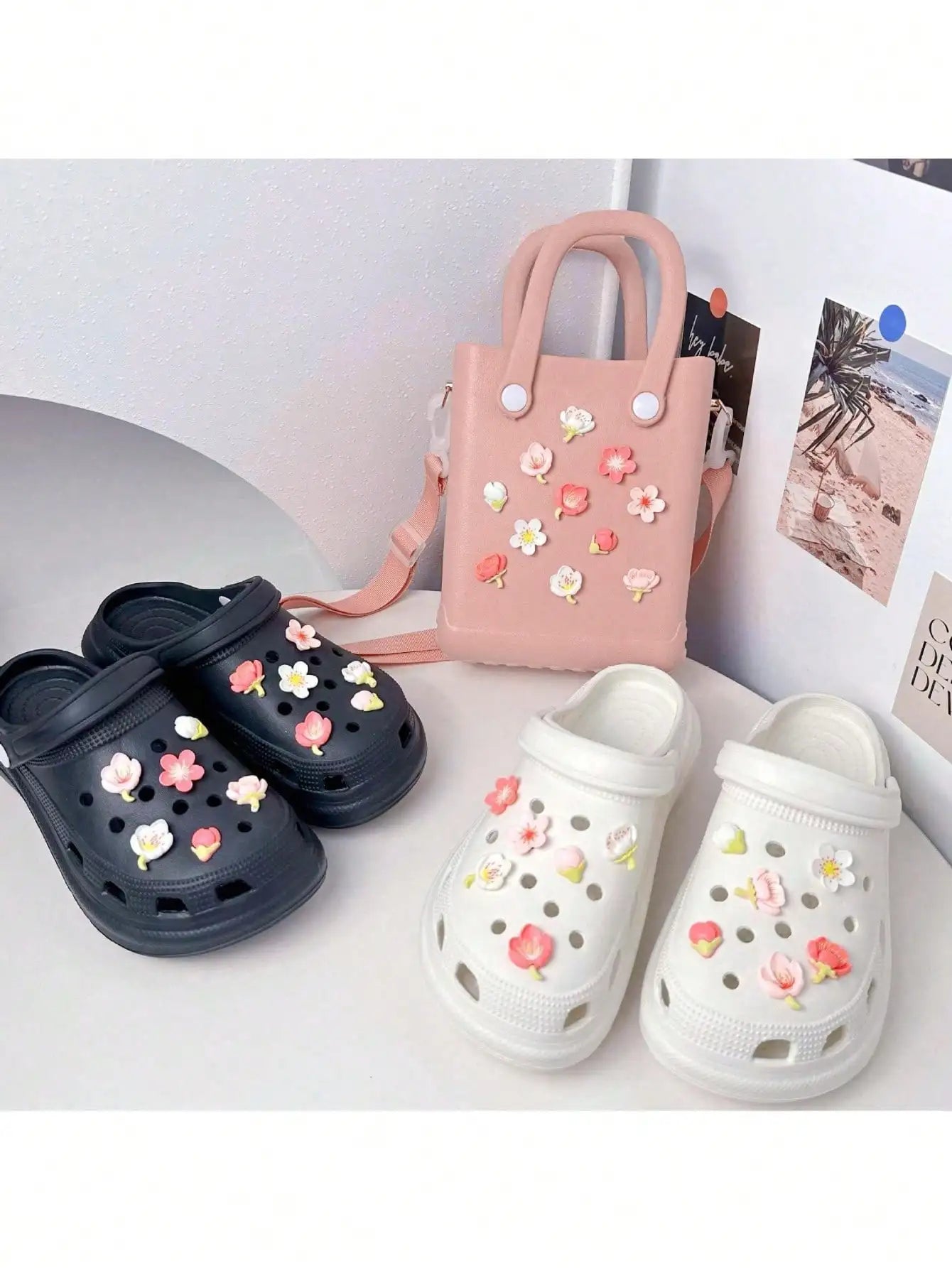 Fashion Pink Flower Cartoon Shoe Decoration Charms Detachable Plastic Qme
