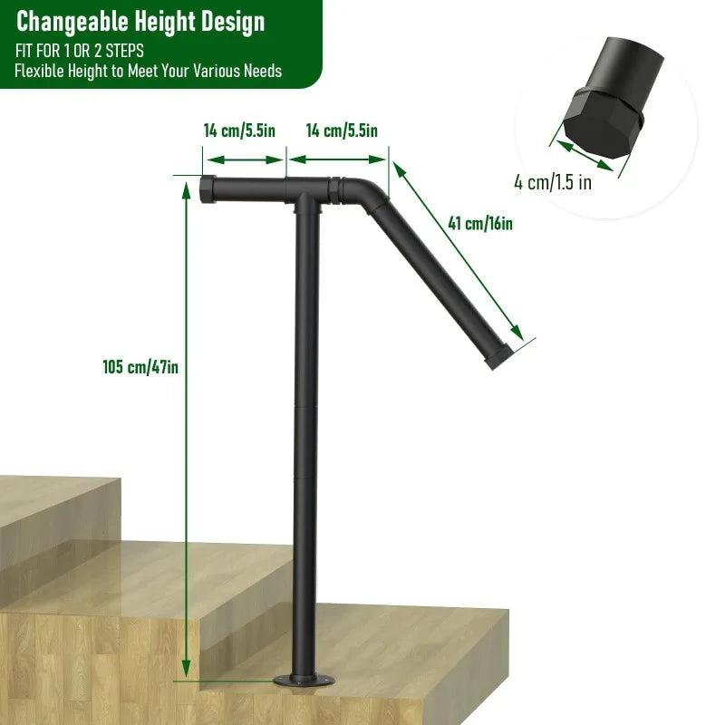 Single Post Wrought Iron Handrails for Outdoor 1-2 Steps Metal Outdoor Stair Railing for Steps Garage Porch Easy to Install Qme