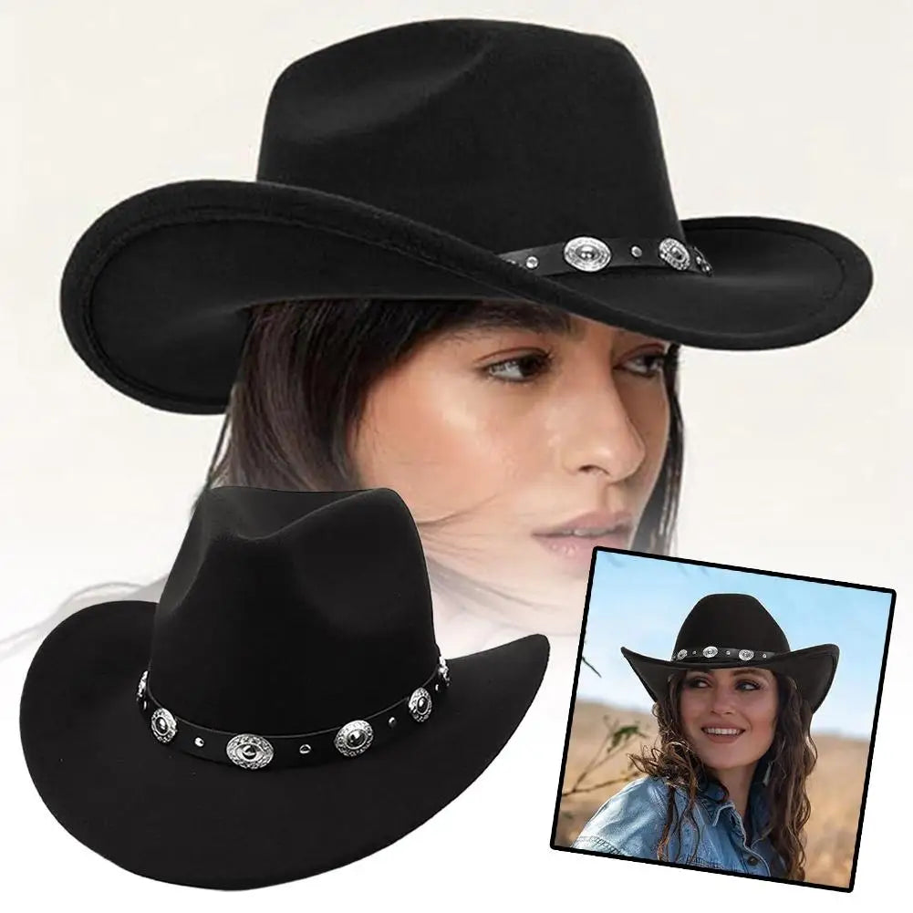 NEW Fashion Black Western Cowboy Classic Comfortable Roll Up Brim Belt Buckle Cowgirl Fedora Cowgirl Sombrero Hat Decoration Qme