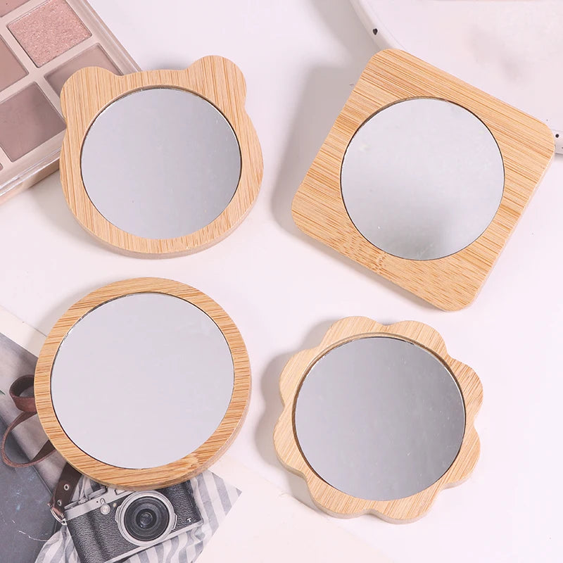 Hand-held Beauty Makeup Mirror Small Round Mirrors Simple Wooden Qme