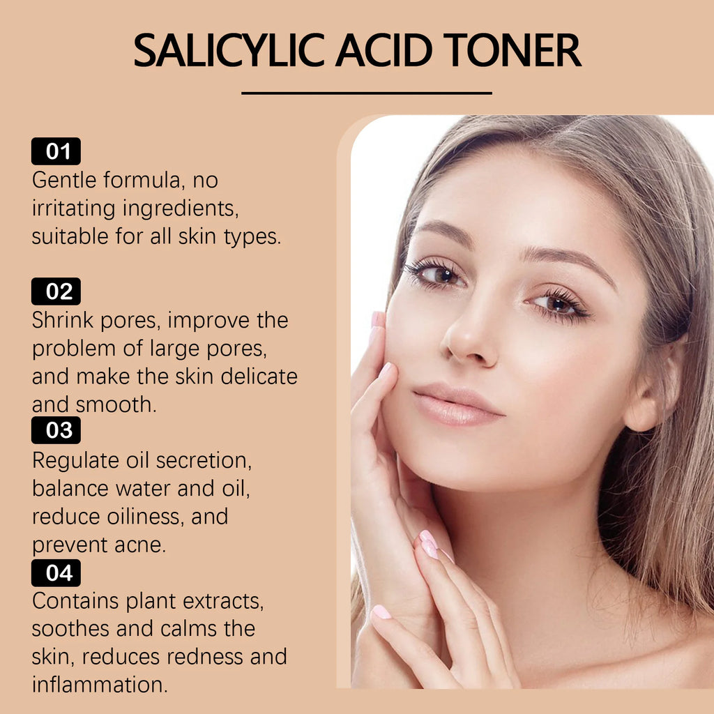 Salicylic Acid Toner for Acne Removing Control Oil Shrink Pores Remove Pimple Exfoliating Moisturizing Brighten Facial Toner Qme
