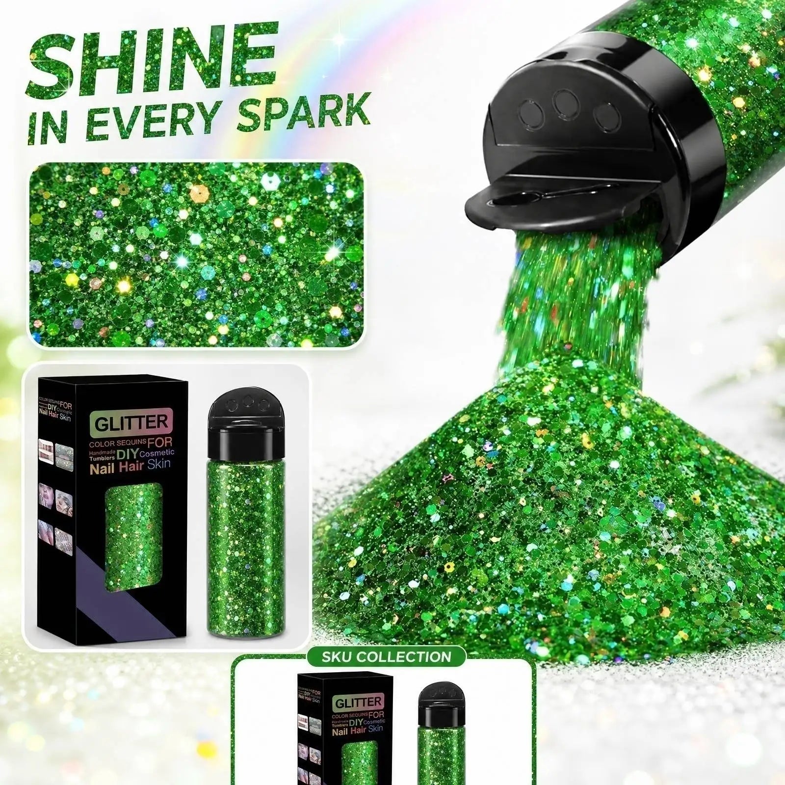 PET Flakes Mixed with Fine Gold Foil Glitter Body Face Eyes Nails DIY Makeup Supplies Halloween Christmas Party Decor Props Qme Green One Size