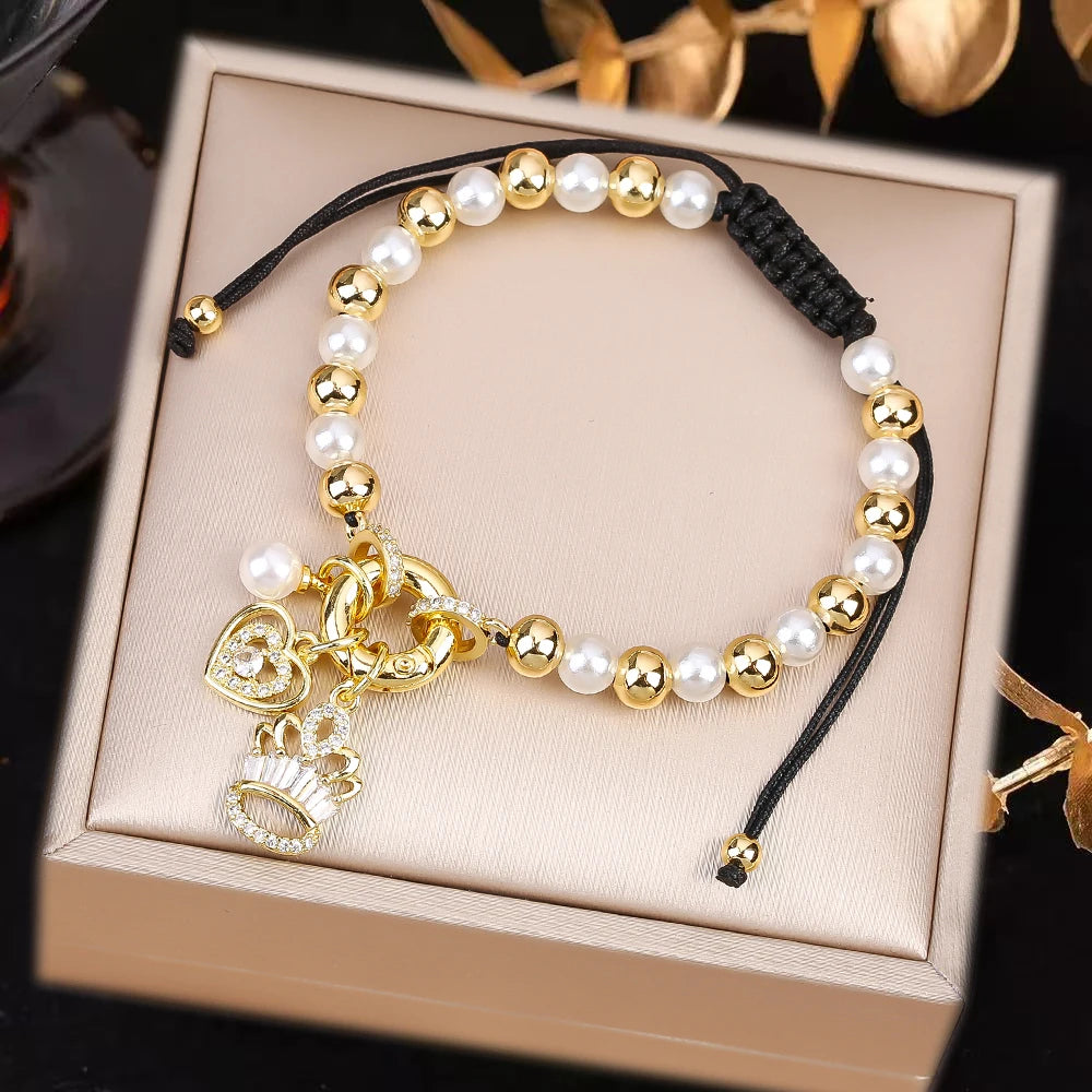 Venezuela Flag Cross Black Rope Braided Pearl Bracelet for Man Woman Party Wedding Crown Zirconia Jewelry Daily Wear Qme G