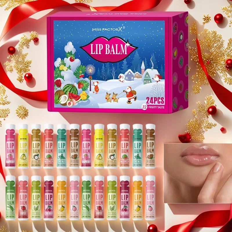 24PCS/ box 12 kinds of flower and fruit lip balm set Gift Natural fragrance moisturizing exfoliating and brightening lip color Qme