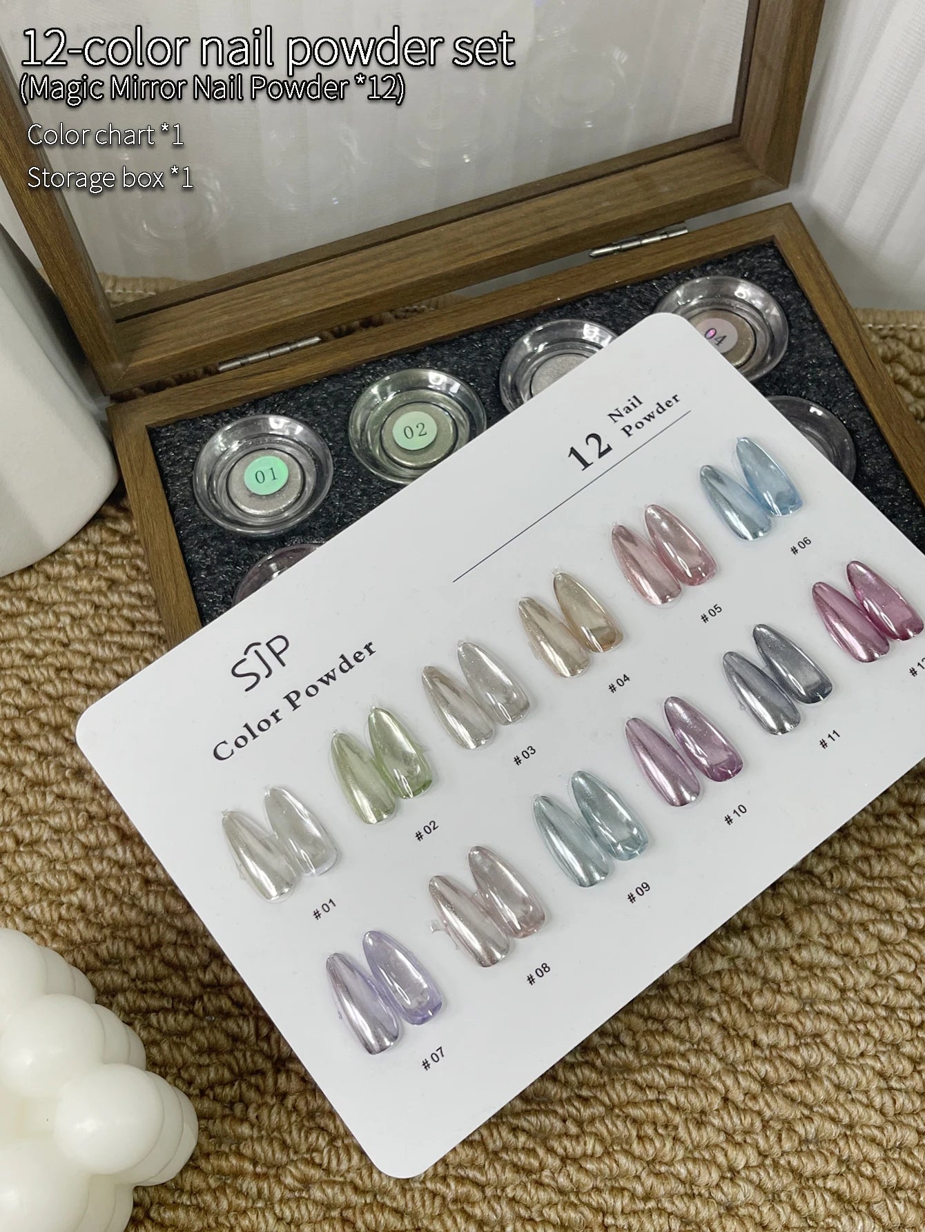 12-Color Fresh Magic Mirror Nail Powder Cards Storage Box DIY Art Qme