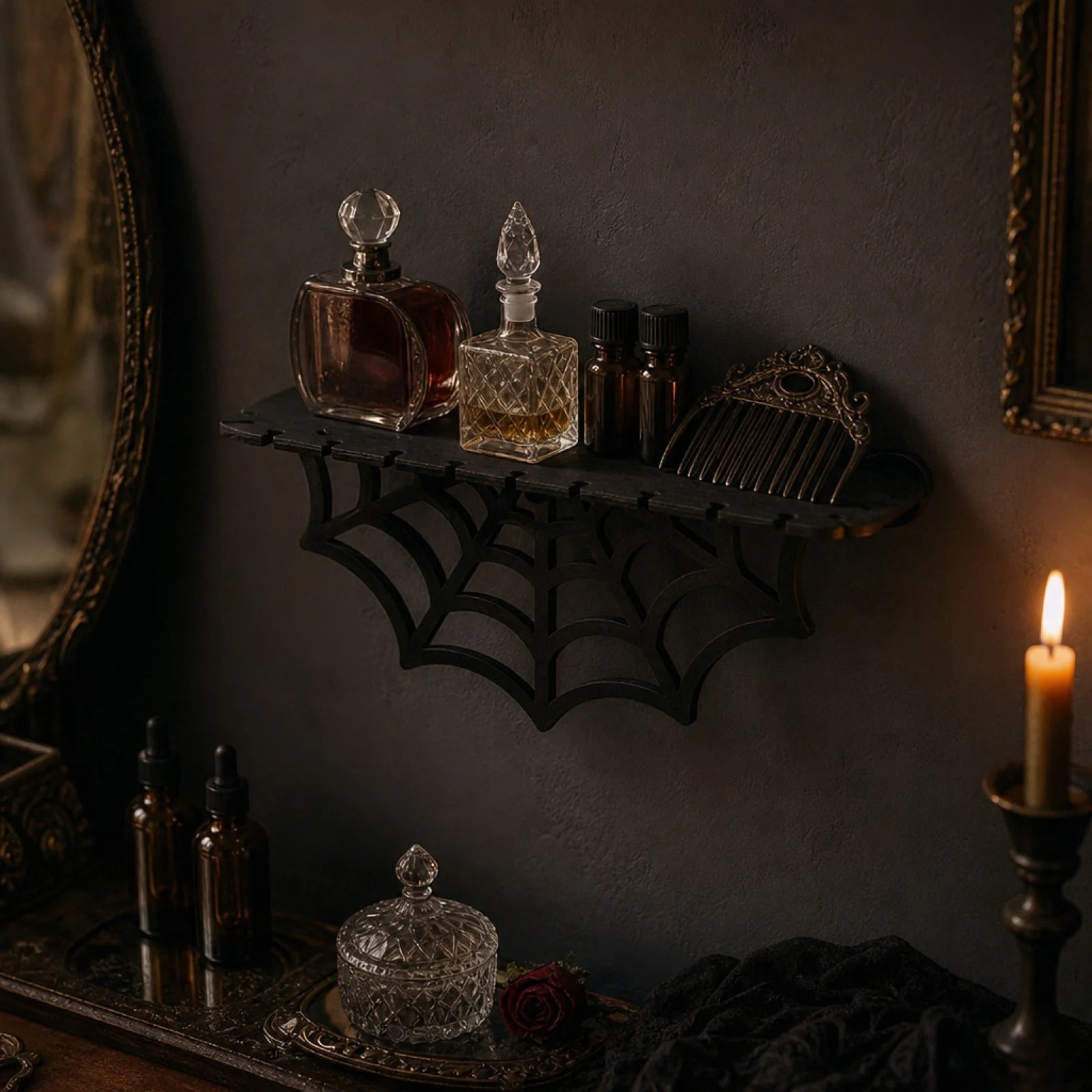 Gothic Style Wooden Spider Wed Wall Shelf for Bedroom Living Room Storage Rack Halloween Party Decorative Props Qme