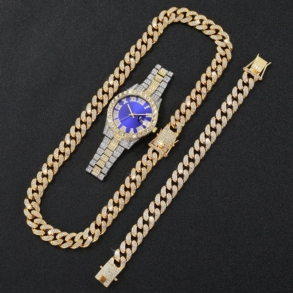 Relógio de quartzo com mostrador romano masculino com pulseira e colar, colar fashion, caixa não incluída, 3 peças por conjunto Qme