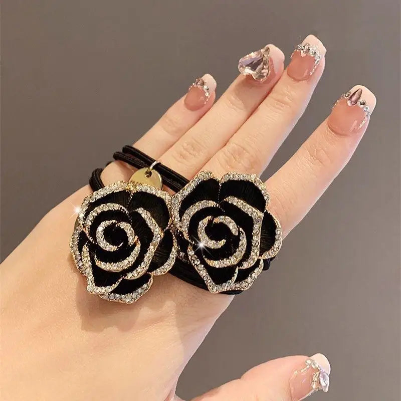 Women's High-end Tail Hair Bands Black Elasticity Tea Floral Ties Qme