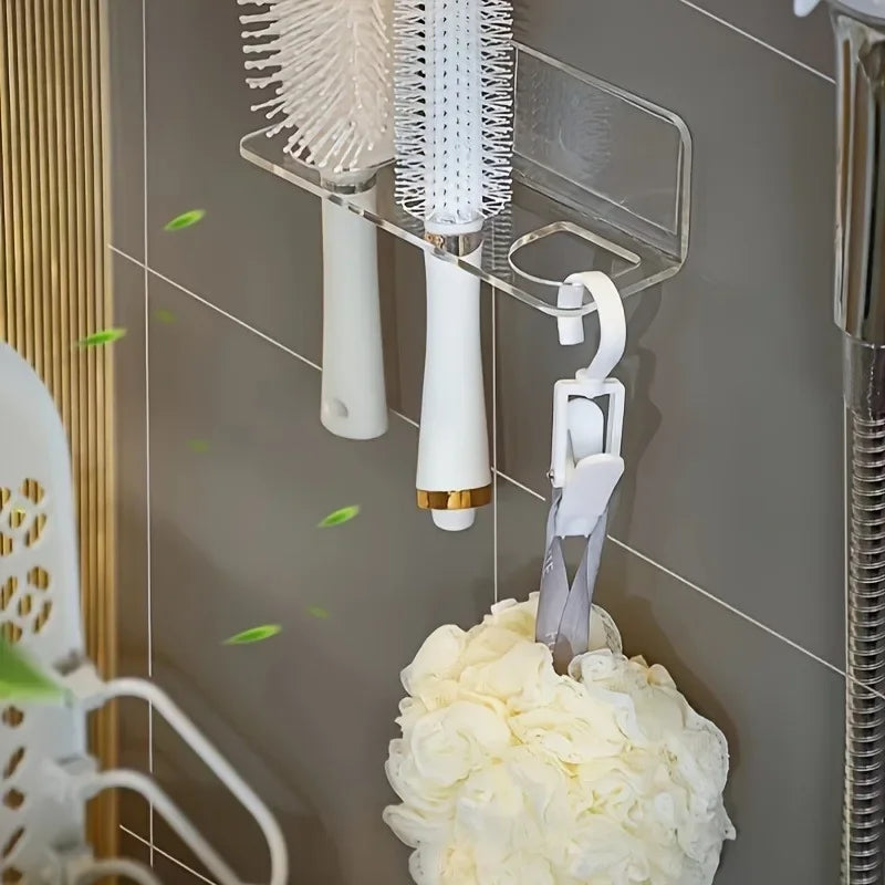 1pc Wall-Mounted Acrylic Hair Brush Holder – Clear Plastic Bathroom Organizer | No-Drill Vanity Storage Rack | Holds Combs Qme