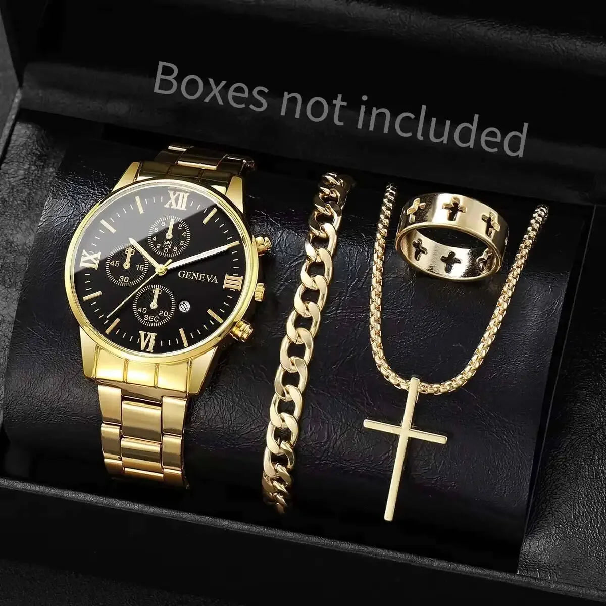 4 pçs/set moda masculina relógios de negócios luxo roma dial calendário relógio quartzo conjunto jóias reloj hombre (sem caixa) Qme gold