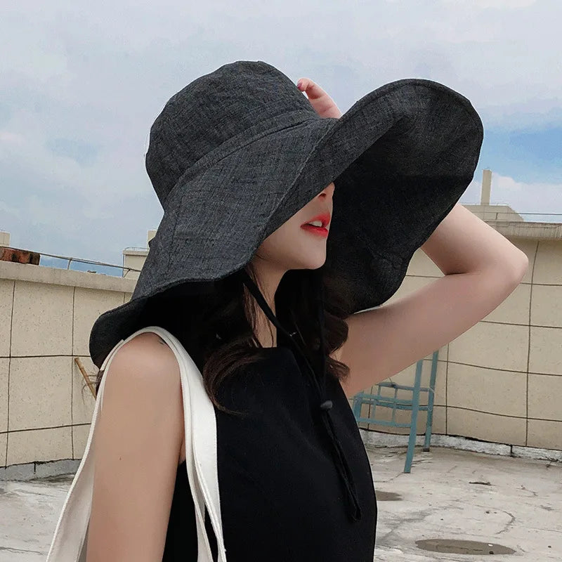 Summer Wide Brim Sun Hat Women's Foldable Travel Packable Bucket Hat Japanese UV Sunscreen Cotton Linen Beach Hat Fisherman Hat Qme BK 55-60cm