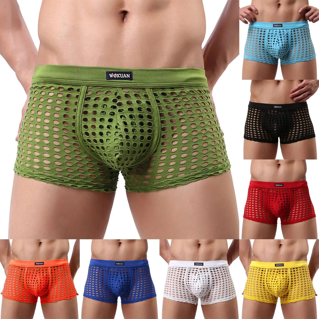 See-through Sexy Mens Mesh Hollowed Out Shorts Underwear Breathable Loose Comfortable Erotic Thongs Qme