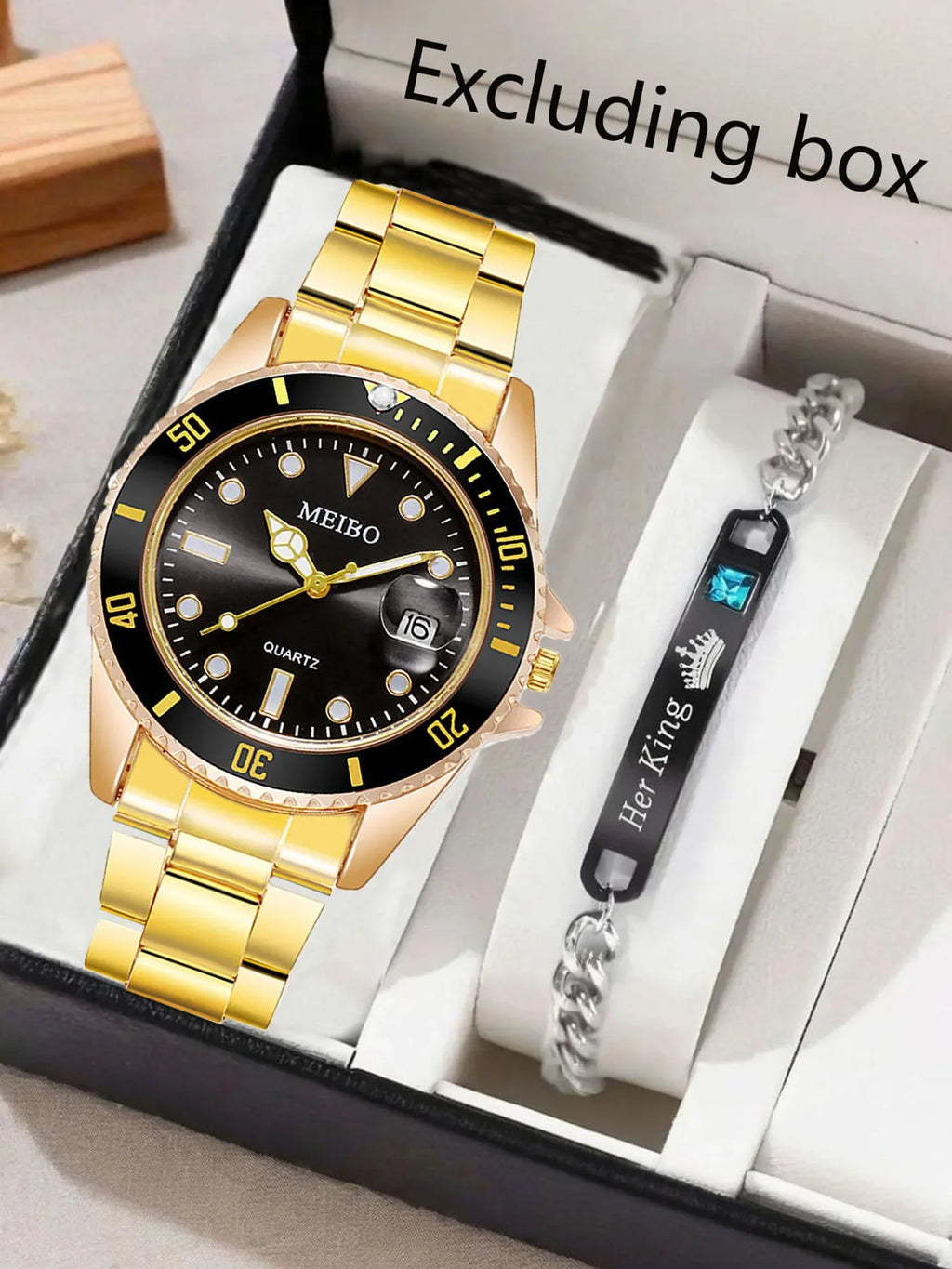 1 pcs of steel strip men's watch quartz watch fashion alloy men's watch gold and 1 pcs of crown bracelet Qme