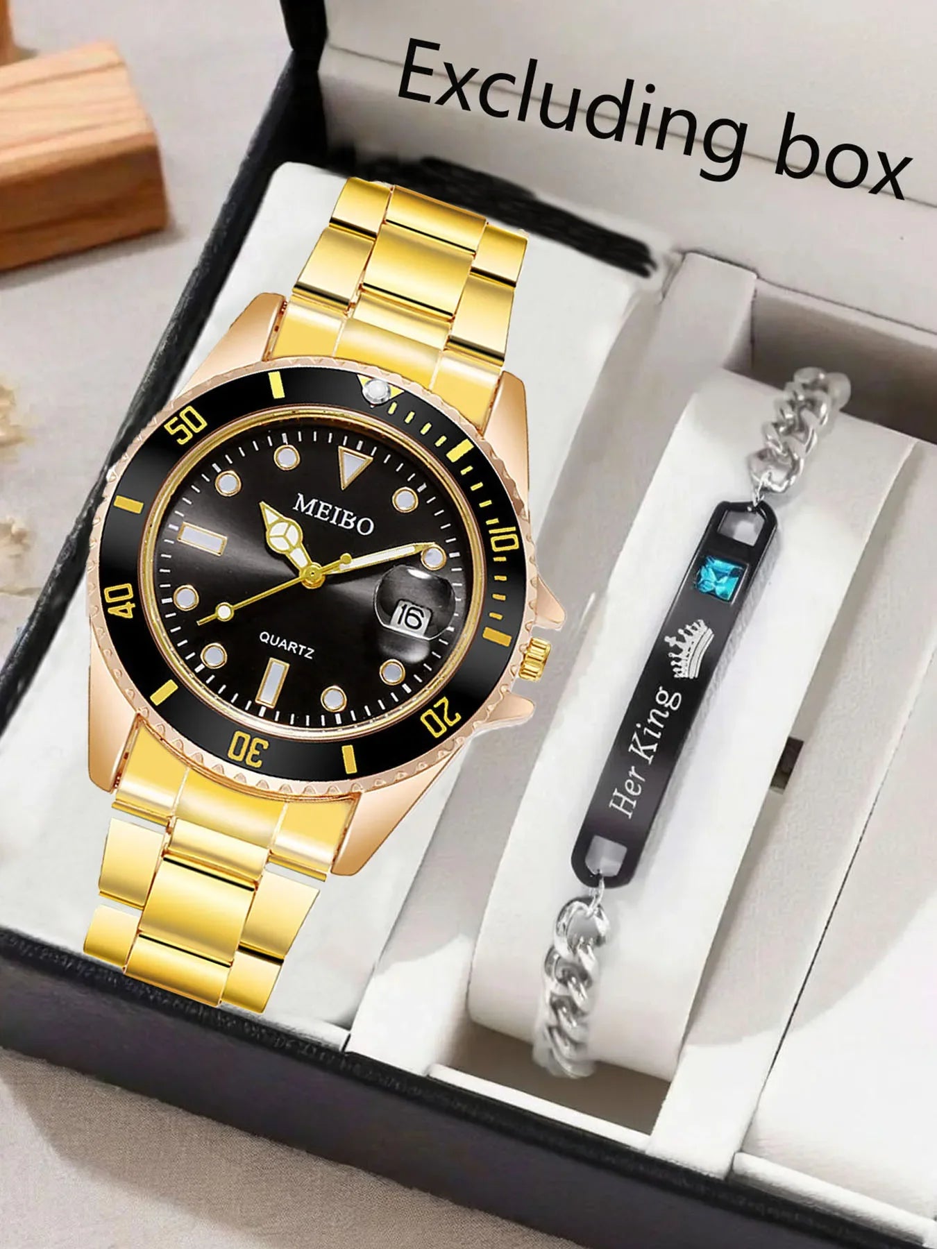 1 pcs of steel strip men's watch quartz watch fashion alloy men's watch gold and 1 pcs of crown bracelet Qme