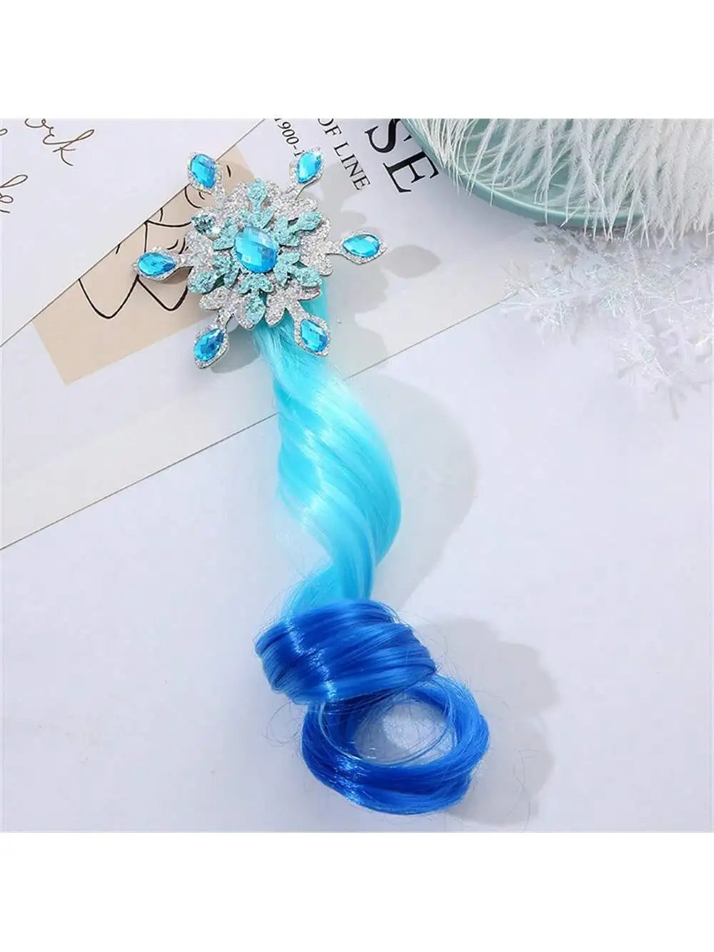 Girls Glitter Snowflake Ombre Curly Wig Decor Glamorous Hair Clip Qme blue