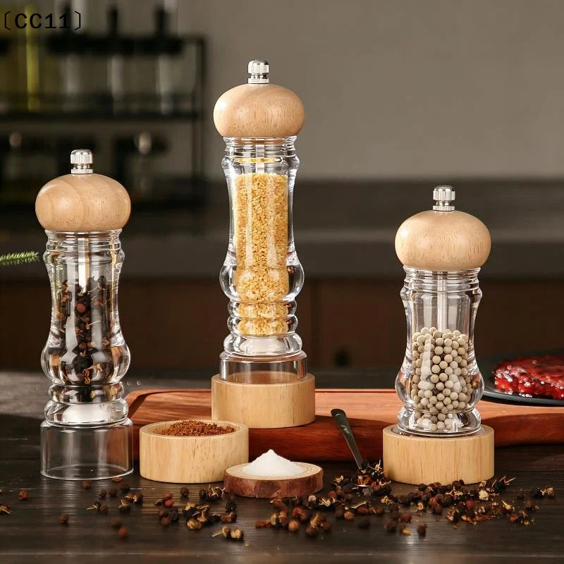 Wood Pepper Grinder Mill Acrylic Sea Salt Shaker Adjustable Qme