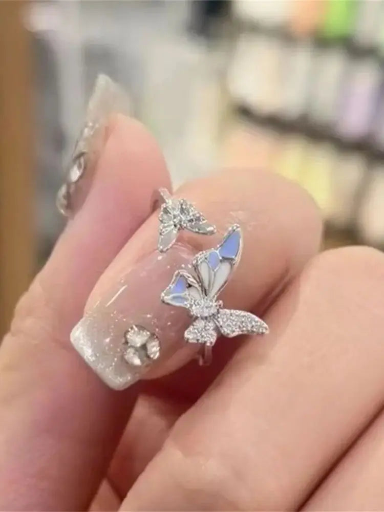 Blue Double Butterfly Open Ring with High Beauty New Vintage Light Luxury Fairy Style Versatile Finger Ring Qme 1 resizable