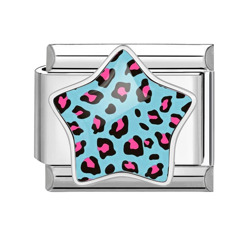 3D Inlay Stars Cute Zebra Stripe Stars Pink Blue Leopard Print Italian Charm Links Fit 9mm Stainless Steel Bracelet DIY Making Qme Style 16