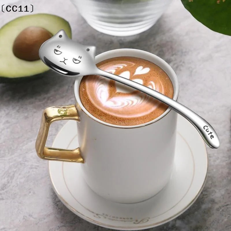 Stainless Steel Cute Cat Spoon Food Grade Cartoon Design Stirring Qme