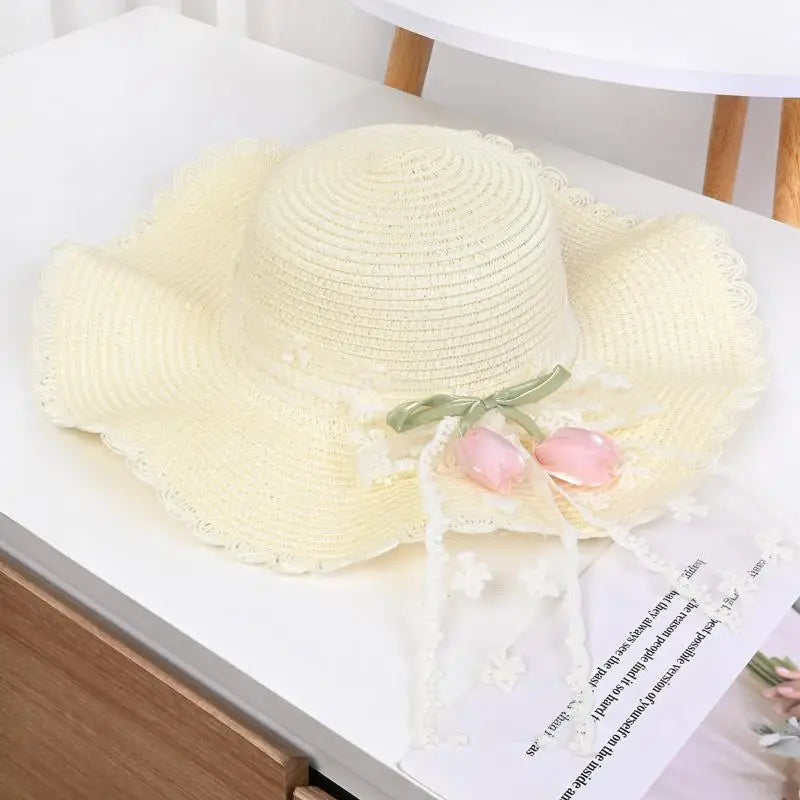 Summer Flower Straw Hat Foldable Sun Wide Large Brim Beach Hats Qme Milky white