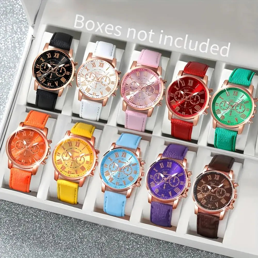 10pcs-Fashion Quartz Watch Set, Unisex (Multiple Colors), PU Leather Strap, Alloy Case, Ideal Gift for Friends and Family Qme 10pcs
