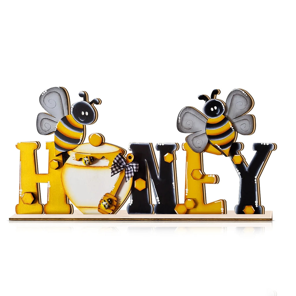 1SET 3D summer bee wooden desktop decoration, HONEY cartoon bee letters, home desktop decoration Qme