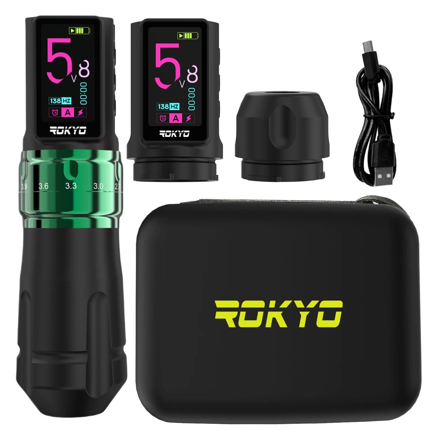 Adjustable Stroke Wireless Tattoo Pen Machine Gun 2.4-4.2mm Rechargeable Battery 2000mAh For Profession PMU Tattoo Supplies Qme Green Dual Batteries
